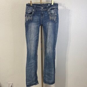 Miss Me- Low rise Blue Boot Cut Jeans with feather Embroidery- Size 27